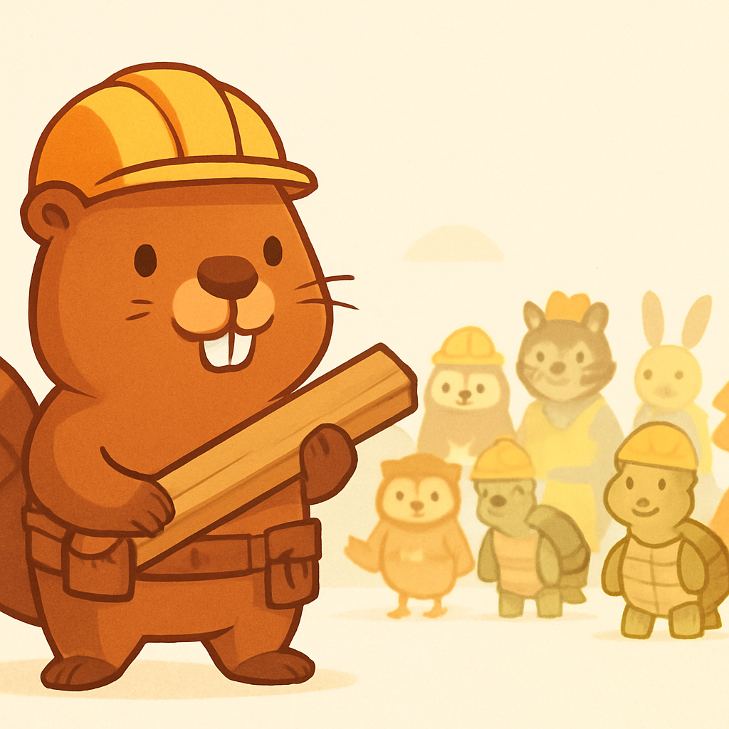 A community of animal builders, led by a friendly beaver.